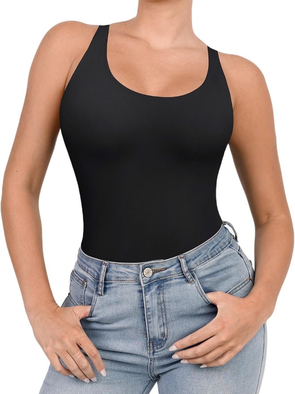 NWT Popilush Shapewear Bodysuit Round Neck Sleeveless T Shirt Tank Tops Thong